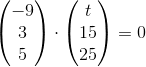 \begin{pmatrix} -9\\3 \\ 5 \end{pmatrix}\cdot \begin{pmatrix} t\\15 \\ 25 \end{pmatrix}=0
