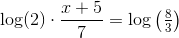 \log(2)\cdot {\frac{x+5}{7}}=\log\left(\tfrac{8}{3}\right)