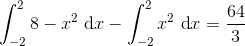\int_{-2}^{2}8-x^2 \ \textup{d}x-\int_{-2}^{2}x^2 \ \textup{d}x = \frac{64}{3}