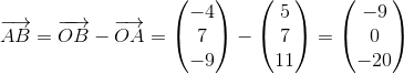 \overrightarrow{AB}=\overrightarrow{OB}-\overrightarrow{OA}=\begin{pmatrix} -4\\7 \\ -9 \end{pmatrix}-\begin{pmatrix} 5\\7 \\ 11 \end{pmatrix}=\begin{pmatrix} -9\\0 \\ -20 \end{pmatrix}