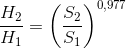 \frac{H_2}{H_1}=\left (\frac{S_2}{S_1} \right )^{0,977}