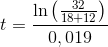 t=\frac{\ln\left ( \frac{32}{18+12} \right )}{0,019}