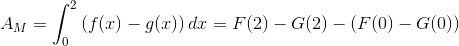 A_M=\int_{0}^{2} \left ( f(x)-g(x) \right )dx=F(2)-G(2)-\left ( F(0)-G(0) \right )