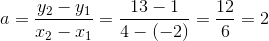 a=\frac{y_2-y_1}{x_2-x_1}=\frac{13-1}{4-(-2)}=\frac{12}{6}=2