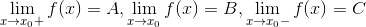 \lim_{x\rightarrow x_0+}f(x)=A,\lim_{x\rightarrow x_0}f(x)=B,\lim_{x\rightarrow x_0-}f(x)=C