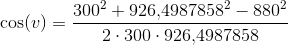 \cos(v)=\frac{300^2+926{,}4987858^2-880^2}{2\cdot 300\cdot926{,}4987858}