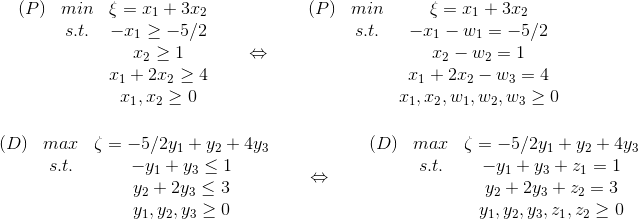 \begin{matrix} (P) & min &\xi=x_1+3x_2\\ & s.t. &-x_1\geq -5/2\\ & &x_2\geq 1\\ & &x_1 +2x_2\geq 4\\ & &x_1,x_2\geq 0 \end{matrix}\qquad\Leftrightarrow\qquad \begin{matrix} (P) & min &\xi=x_1+3x_2\\ & s.t. &-x_1-w_1=-5/2\\ & &x_2-w_2=1\\ & &x_1 +2x_2-w_3=4\\ & &x_1,x_2,w_1,w_2,w_3\geq 0 \end{matrix}\\\\\\ \begin{matrix} (D) & max &\zeta=-5/2y_1+y_2+4y_3\\ & s.t. &-y_1+y_3\leq 1\\ & &y_2+2y_3\leq 3\\ & &y_1,y_2,y_3\geq 0 \end{matrix}\qquad\Leftrightarrow\qquad \begin{matrix} (D) & max &\zeta=-5/2y_1+y_2+4y_3\\ & s.t. &-y_1+y_3+z_1=1\\ & &y_2+2y_3+z_2=3\\ & &y_1,y_2,y_3,z_1,z_2\geq 0 \end{matrix}