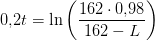 0{,}2t =\ln\left (\frac{162\cdot 0{,}98}{162-L} \right )