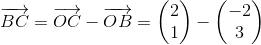 \overrightarrow{BC}=\overrightarrow{OC}-\overrightarrow{OB}=\begin{pmatrix} 2\\1 \end{pmatrix}-\begin{pmatrix} -2\\3 \end{pmatrix}