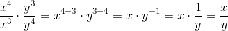 \frac{x^4}{x^3}\cdot\frac{y^3}{y^4}=x^{4-3}\cdot y^{3-4}=x\cdot y^{-1}=x\cdot\frac{1}{y}=\frac{x}{y}
