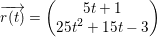 \small \overrightarrow{r(t)} =\begin{pmatrix} 5t+1\\ 25t^2+15t-3 \end{pmatrix}