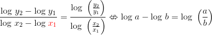 \frac{\textup{log}\ y_2-\textup{log}\ y_1}{\textup{log}\ x_2- \textup{log}\ {\color{Red} x_1}} =\frac{\textup{log}\ \left ( \frac{y_2}{y_1} \right ) }{\textup{log}\ \left ( \frac{x_2}{x_1} \right )} \nLeftrightarrow \textup{log}\ a-\textup{log}\ b =\textup{log}\ \left (\frac{a}{b} \right )