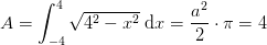 A=\int_{-4}^{4}\sqrt{4^2-x^2}\; \mathrm{d} x=\frac{a^2}{2}\cdot \pi =4