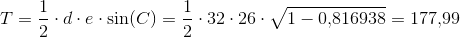 T=\frac{1}{2}\cdot d \cdot e\cdot \sin(C)=\frac{1}{2}\cdot 32\cdot 26\cdot \sqrt{1-0{,}816938}=177{,}99