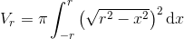 V_r = \pi \int_{-r}^r \big(\sqrt{r^2-x^2}\big)^2\, \mathrm dx