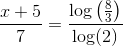 {\frac{x+5}{7}}=\frac{\log\left(\tfrac{8}{3}\right)}{\log(2)}