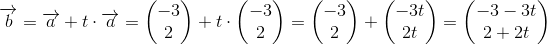 \overrightarrow{b}=\overrightarrow{a}+t\cdot \overrightarrow{a}=\begin{pmatrix} -3\\2 \end{pmatrix}+t\cdot \begin{pmatrix} -3\\2 \end{pmatrix}=\begin{pmatrix} -3\\2 \end{pmatrix}+\begin{pmatrix} -3t\\2t \end{pmatrix}=\begin{pmatrix} -3-3t\\2+2t \end{pmatrix}