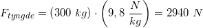 \small F_{tyngde}=\left ( 300\; kg \right )\cdot \left ( 9,8\; \frac{N}{kg} \right )=2940\; N