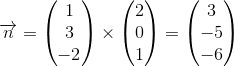 \overrightarrow{n}=\begin{pmatrix} 1\\3 \\ -2 \end{pmatrix}\times\begin{pmatrix} 2\\0 \\1 \end{pmatrix}=\begin{pmatrix} 3\\-5 \\ -6 \end{pmatrix}