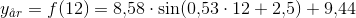 y_{\aa r}=f(12)=8{,}58\cdot \sin(0{,}53\cdot 12+2{,}5)+9{,}44