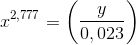 x^{2,777}=\left (\frac{y}{0,023} \right )