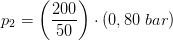 p_2=\left ( \frac{200}{50} \right )\cdot \left (0,80\; bar \right )