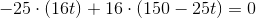 -25\cdot \left (16t \right )+16\cdot \left (150-25t \right )=0