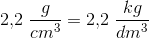 2{,}2\; \frac{g}{cm^3}=2{,}2\; \frac{kg}{dm^3}