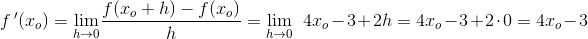 \! \! \! \! \! \! \! f{\, }'(x_o)=\underset{h \to 0}{\lim }\frac{f(x_o+h)-f(x_o)}{h}=\underset{h \to 0}{\lim }\; \; 4x_o-3+2h=4x_o-3+2\cdot 0=4x_o-3