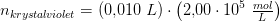 n_{ krystal\! violet}=\left (0{,}010\; L \right )\cdot \left ( 2{,}00\cdot 10^5\; \tfrac{mol}{L} \right )