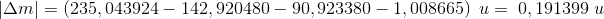\left | \Delta m \right | = \left (235,043924-142,920480-90,923380-1,008665 \right )\; u = \; 0,191399\; u