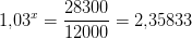 1{,}03^x=\frac{28300}{12000}=2{,}35833