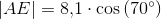 \left | AE \right |=8{,}1\cdot \cos\left (70^{\circ} \right )