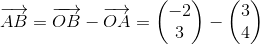\overrightarrow{AB}=\overrightarrow{OB}-\overrightarrow{OA}=\begin{pmatrix} -2\\3 \end{pmatrix}-\begin{pmatrix} 3\\4 \end{pmatrix}