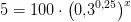 5=100\cdot \left (0{,}3^{0{,}25} \right )^x