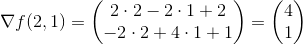 \nabla f(2,1)=\begin{pmatrix} 2\cdot 2-2\cdot 1+2\\ -2\cdot 2+4\cdot 1+1 \end{pmatrix}=\begin{pmatrix} 4\\ 1 \end{pmatrix}