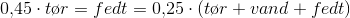 0{,}45\cdot t\o r=fedt=0{,}25\cdot( t\o r+vand +fedt)