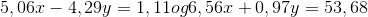 5,06x-4,29y=1,11 og 6,56x+0,97y=53,68