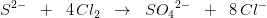 S^{2-}\; \; +\; \; 4\, Cl_2\; \; \rightarrow \; \; S{O_{4}}^{2-}\; \; +\; \; 8\, Cl^-
