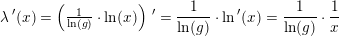 \small \lambda {\, }'(x)=\left (\tfrac{1}{\ln(g)}\cdot \ln(x) \right ){\, }'=\frac{1}{\ln(g)}\cdot \ln{ }'(x)=\frac{1}{\ln(g)}\cdot \frac{1}{x}