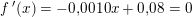 \small f{\, }'(x)=-0{,}0010x+0{,}08=0