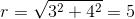 r=\sqrt{3^2+4^2}=5
