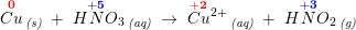 \small \overset{\mathbf{\color{Red} 0}}{Cu}\, _{\textit{(s)}}\; +\; H\overset{\mathbf{\color{Blue} +5}}{N}O_3\, _{\textit{(aq)}}\; \rightarrow \; \overset{\mathbf{\color{Red} +2}}{Cu}{^{2+}}\, _{\textit{(aq)}}\; +\; H\overset{\mathbf{\color{Blue} +3}}{N}O_2\, _{\textit{(g)}}