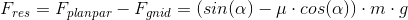 F_{res}=F_{planpar}-F_{gnid}=\left ( sin(\alpha) -\mu \cdot cos(\alpha ) \right )\cdot m\cdot g
