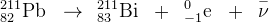 _{82}^{211}\textrm{Pb}\; \; \rightarrow \: \: _{83}^{211}\textrm{Bi}\; \; +\; \; _{-1}^{0}\textrm{e}\; \; +\; \;\overset{-}{\nu}