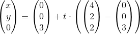 \begin{pmatrix}x\\y \\ 0\end{pmatrix}=\begin{pmatrix} 0\\0 \\ 3\end{pmatrix}+t\cdot \left (\begin{pmatrix} 4\\2 \\ 2\end{pmatrix} -\begin{pmatrix} 0\\0 \\ 3\end{pmatrix} \right )