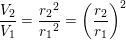 \small \frac{V_2}{V_1}=\frac{r{_{2}}^{2}}{{r_{1}}^{2}}=\left ( \frac{r_2}{r_1} \right )^2