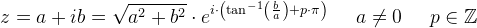z=a+ib=\sqrt{a^2+b^2}\cdot e^{i\cdot {\left (\tan^{-1}\left ( \frac{b}{a} \right ) +p\cdot \pi \right )}}\; \; \; \; \; a\neq0\; \; \; \; \; p\in \mathbb{Z}
