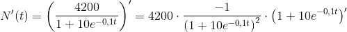 N'(t)=\left (\frac{4200}{1+10e^{-0,1t}} \right )'=4200\cdot \frac{-1}{\left ( 1+10e^{-0,1t} \right )^2}\cdot \left ( 1+10e^{-0,1t} \right )'