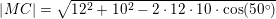 \small \left | MC \right |=\sqrt{12^2+10^2-2\cdot 12\cdot 10\cdot \cos(50^\circ)}